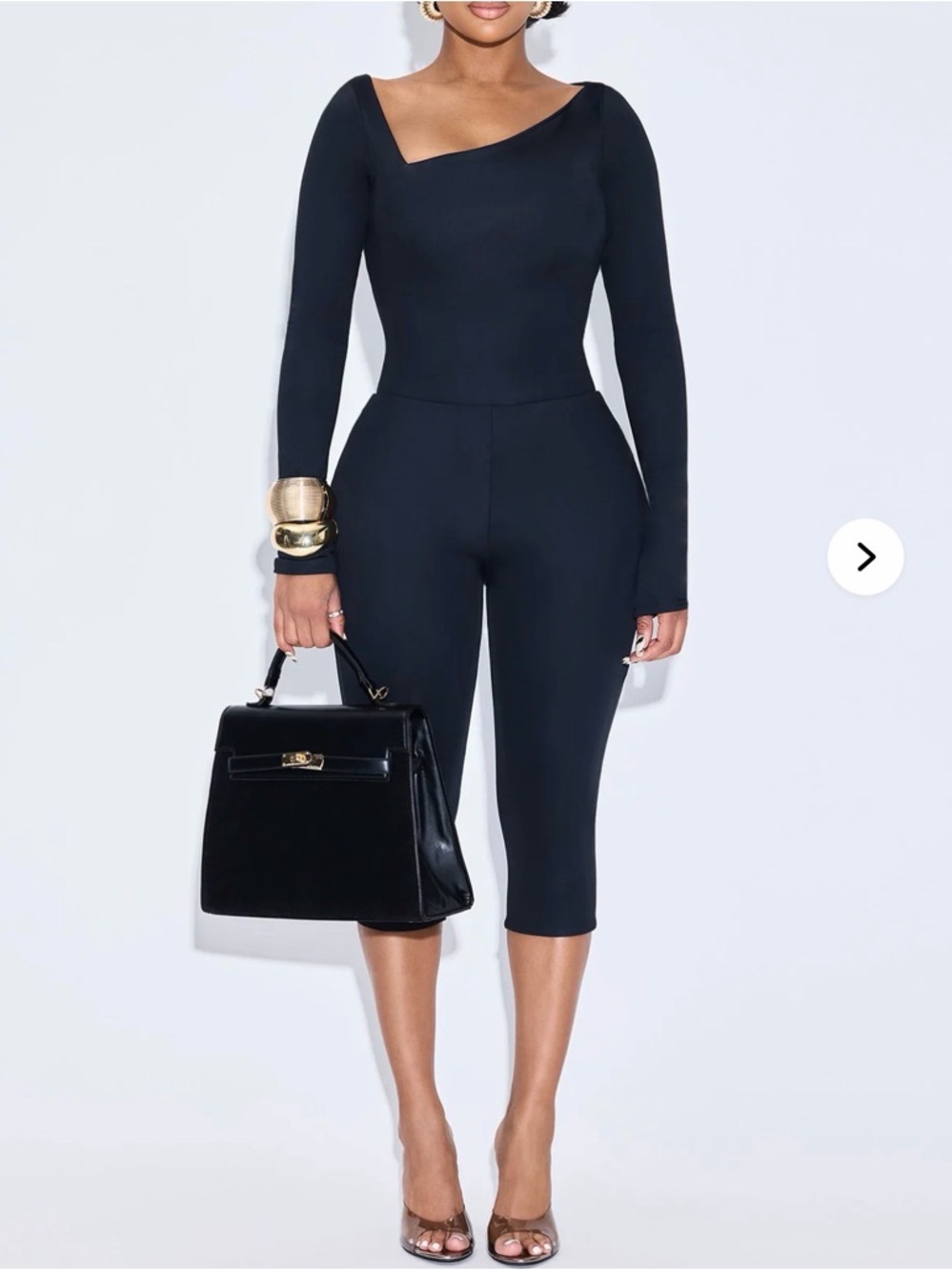 Long Sleeve Asymmetric Neck capri pant set - Black